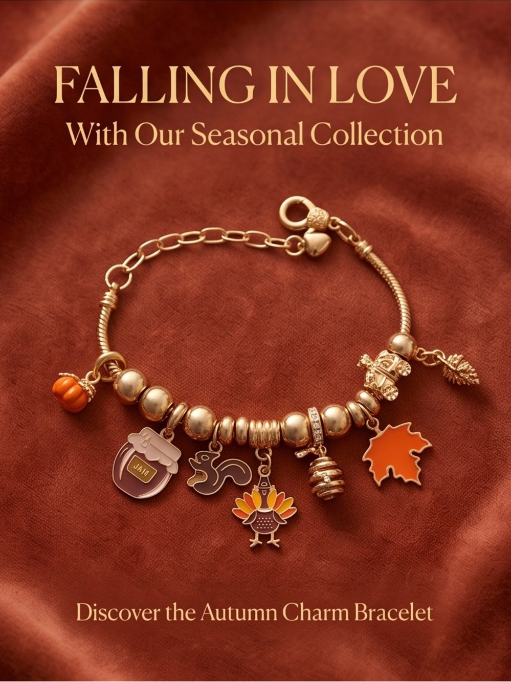 Fall / Autumn Harvest Gold Charm Bracelet – Turkey, Pumpkin & Maple Leaf